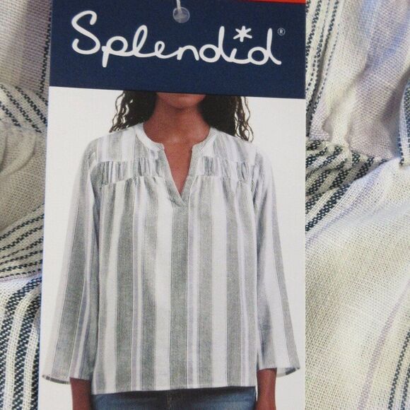 SPLENDID Linen Blend Blouse Womens Size M Grey Purple White Strip Shirt Top NWT - Picture 1 of 16
